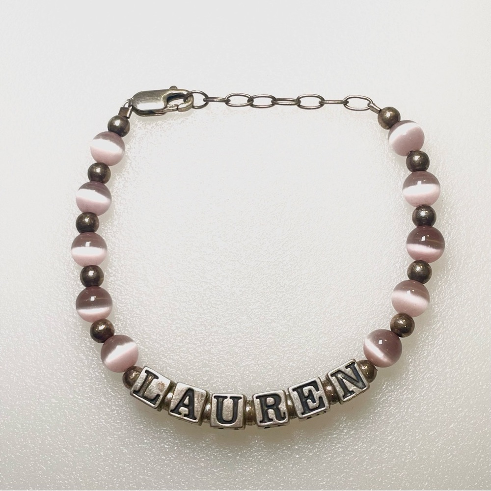 Sterling Silver and Pink Cats Eye Glass Bead “Lauren” Name Bracelet